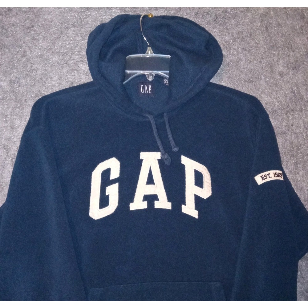 GAP Fleece Hoodie Mens Small Blue Spellout Logo Est 1969 Pullover Sweatshirt